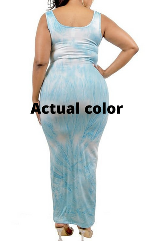 Final Sale Plus Size Bodycon Maxi Dress in Aqua Blue & White Tie Dye