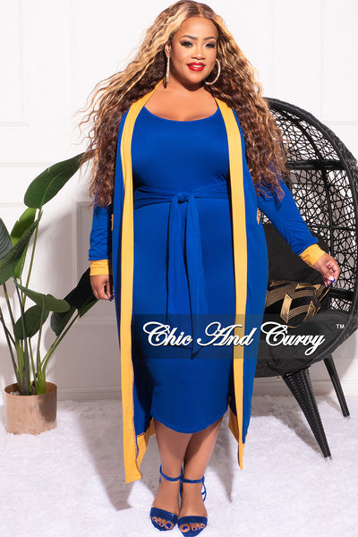 Final Sale Plus Size 2pc Set Duster & Tank Tie Dress in Royal Blue & Gold