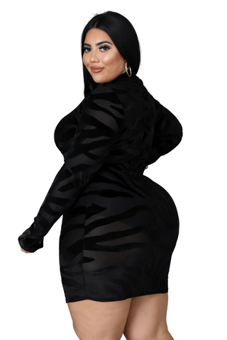 Final Sale Plus Size See-Thru Velvet Dress in Black Zebra Print