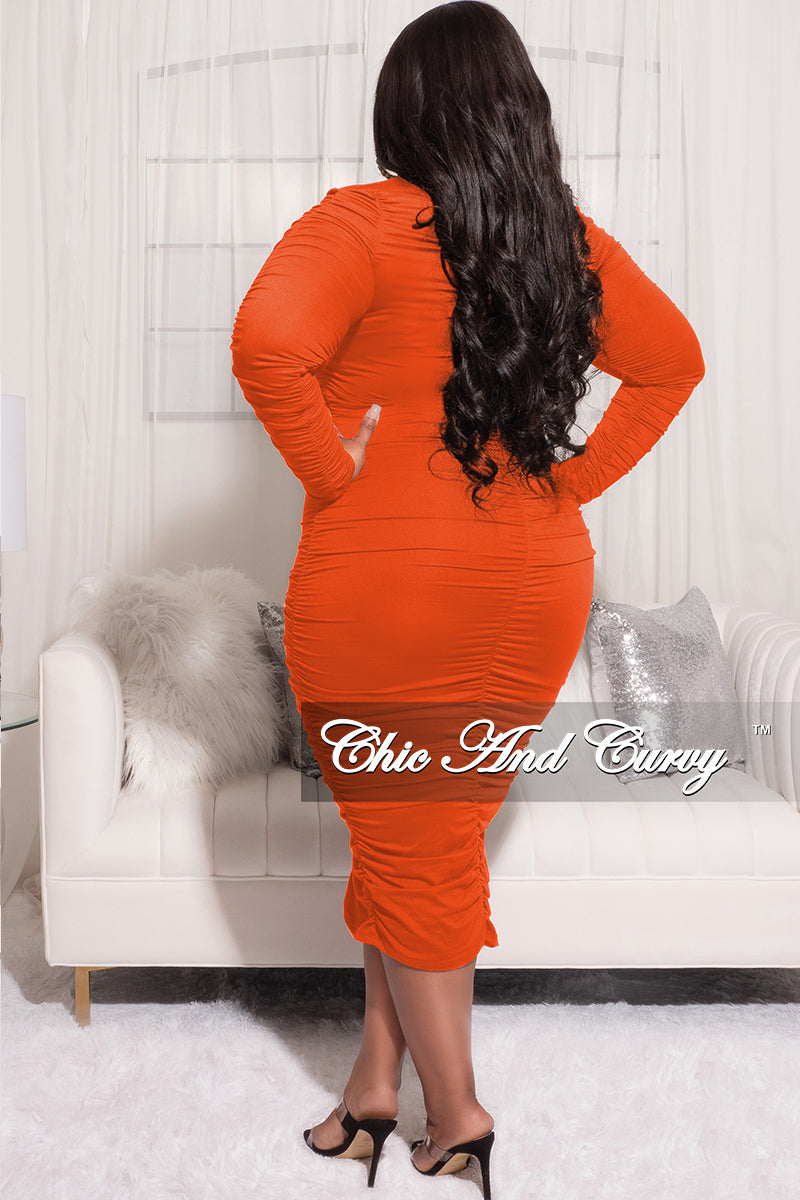 Final Sale Plus Size Long Sleeve Ruched Midi Dress in Orange
