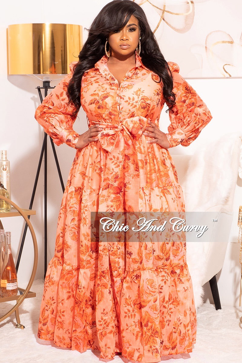 Final Sale Plus Size Chiffon Maxi Dress with Orange Floral Print