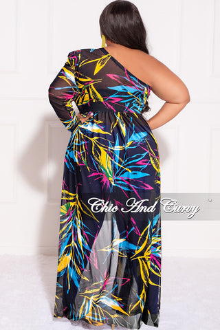 Final Sale Plus Size One Shoulder Mesh Top with Train in Black & Turquoise Multicolor Design Print