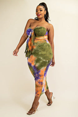 tie dye bodycon dress strapless Final Sale Plus Size Strapless Bodycon Dress with Double Tie in Orange, Purple, & Olive Tie Dye