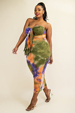 Final Sale Plus Size Strapless Bodycon Dress with Double Tie in Orange, Purple, & Olive Tie Dye