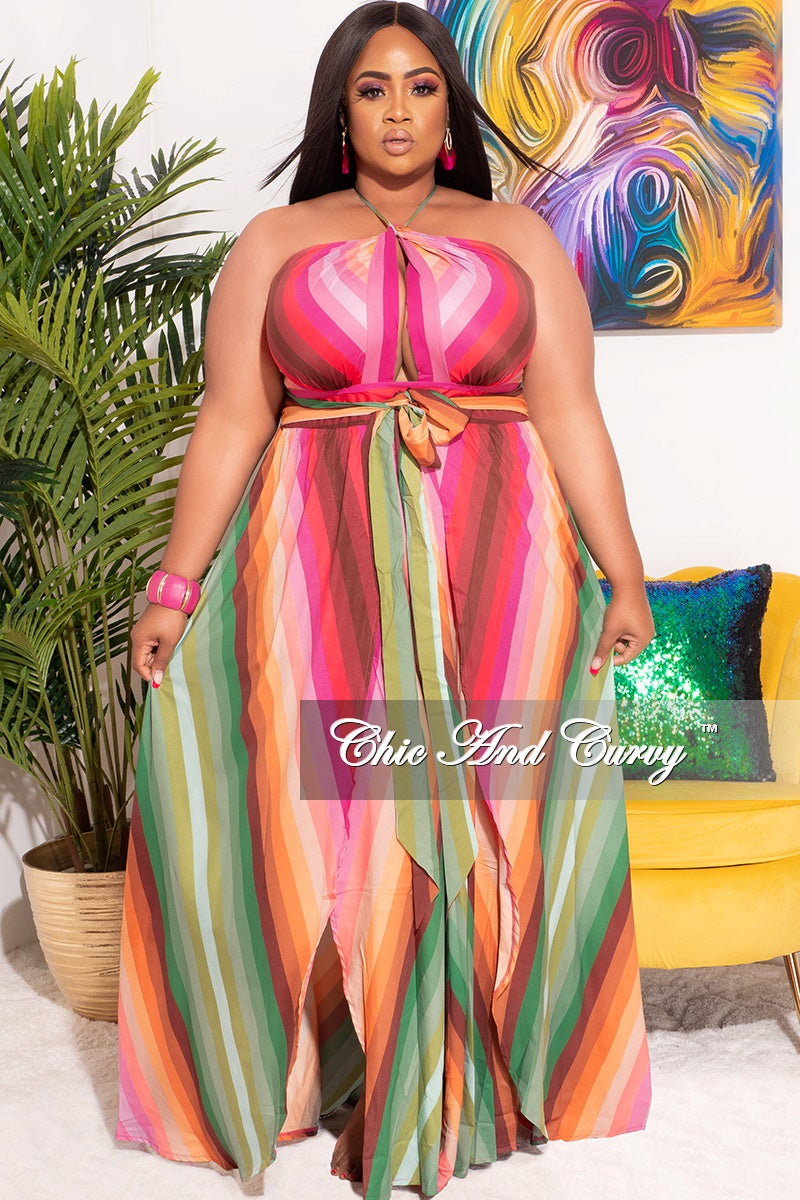 Final Sale Plus Size Maxi Halter Dress with Open Back in Multi-Color Print