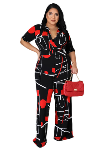 Final Sale Plus Size Jumpsuit in Black, Red, & White Print