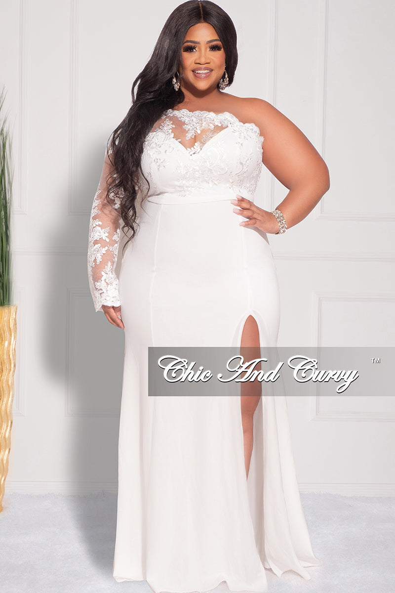 Final Sale Plus Size One Shoulder Long Sleeve Lace Detail Gown with Side Slit in Ivory - S 2/4 Final Sale Plus Size One Shoulder Long Sleeve Lace Detail Gown with Side Slit in Ivory - S 2/4