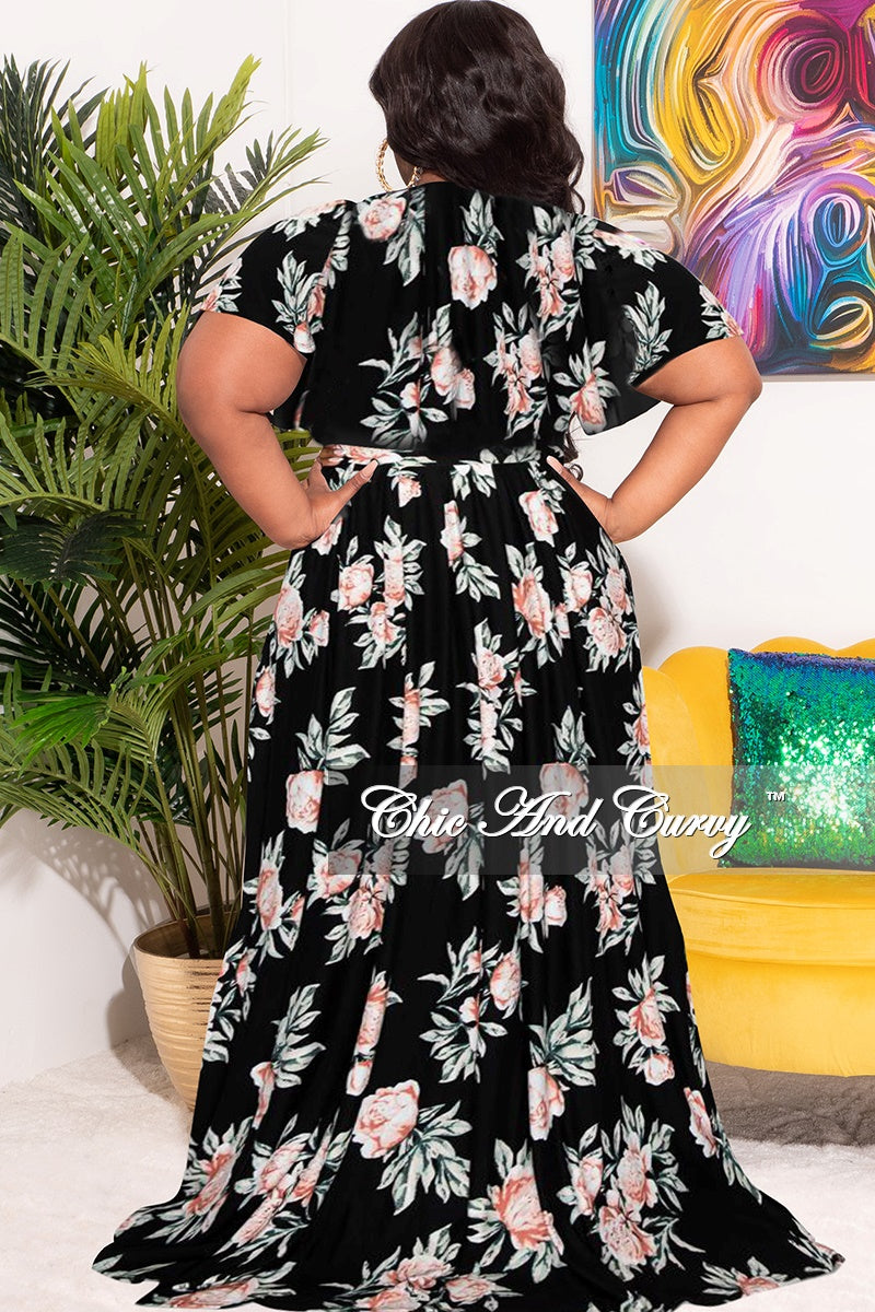 Final Sale Plus Size 2pc Cropped Tie Top and Skirt Set in Black Floral Print Summer