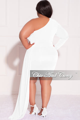 Final Sale Plus Size One Sleeve Long Sash Dress in White