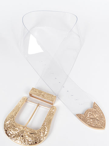 Final Sale Plus Size Oversized Clear Waist Belt with Gold Buckle