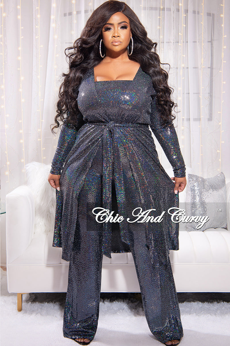 Final Sale Plus Size Faux Sequin Hologram 3-Piece Duster, Crop Top and High Waist Pants Set in Pewter Grey