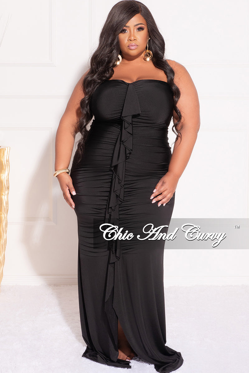 Final Sale Plus Size Sleeveless Maxi Gown With Center Ruching With Ruffle in Black* - 1x 14/16 Final Sale Plus Size Sleeveless Maxi Gown With Center Ruching With Ruffle in Black* - 1x 14/16