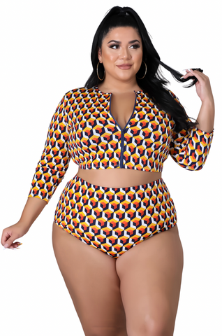 Final Sale Plus Size 2Pc Poolside Playsuit Set in Colorful Cube Print