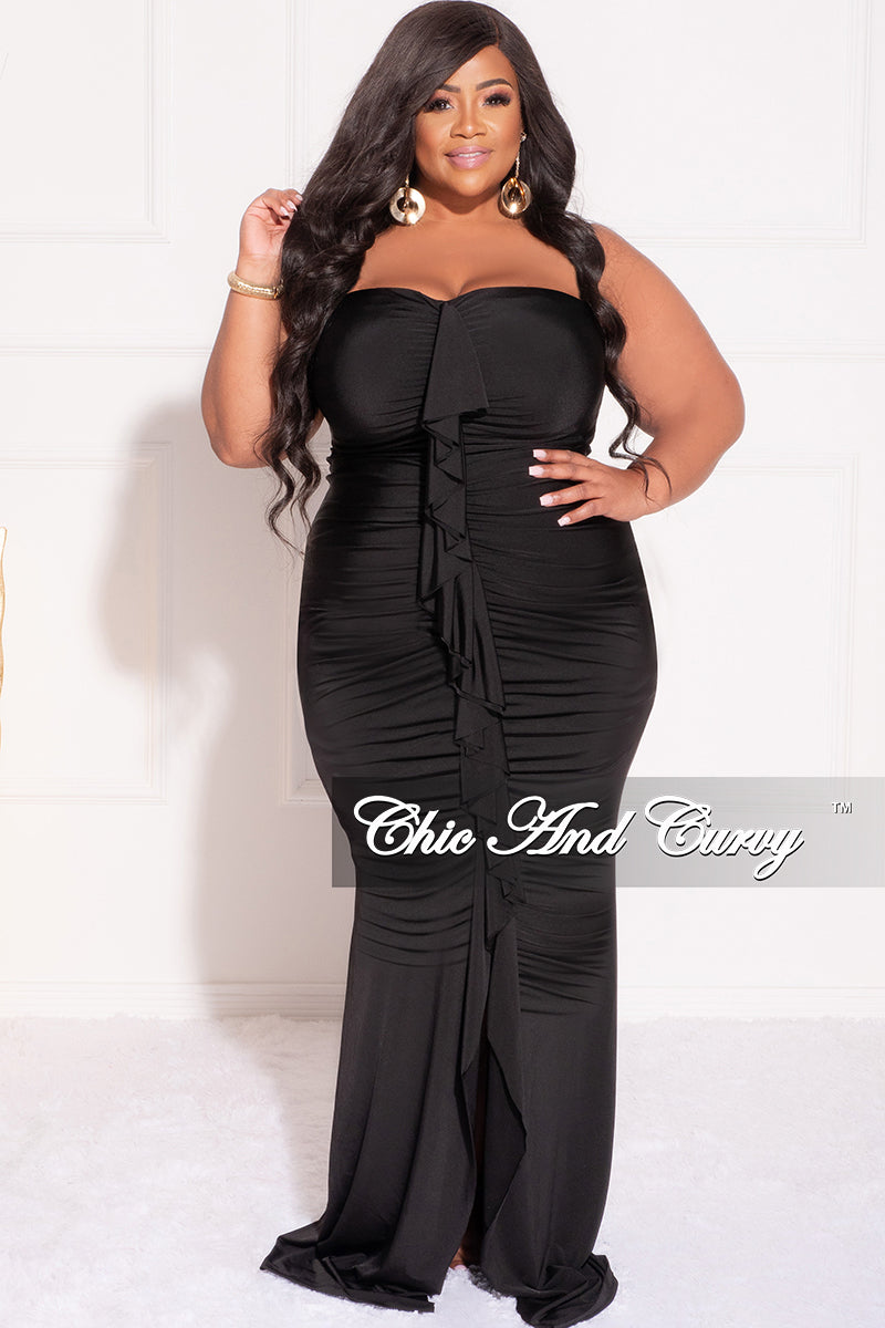 Final Sale Plus Size Sleeveless Maxi Gown With Center Ruching with Ruffle in Black*