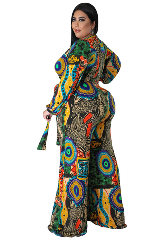 Final Sale Plus Size Faux Wrap Jumpsuit with Waist Tie in Multi Color Design Print