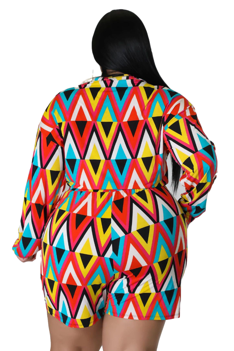 Final Sale Plus Size 2pc Short Set with Tie Crop Top in Multi-Color Triangle Print