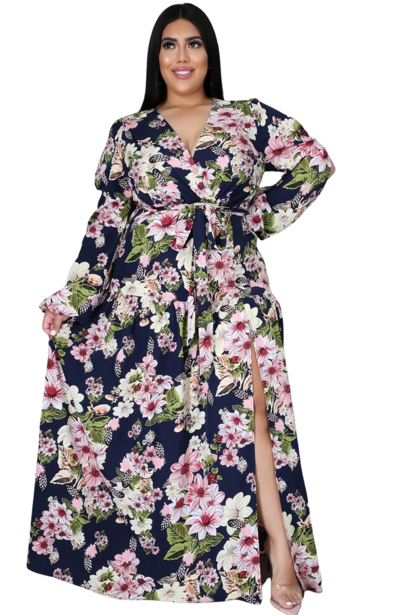 Final Sale Plus Size Faux Wrap Dress With Tie and Side Slit in Navy Floral Print Love