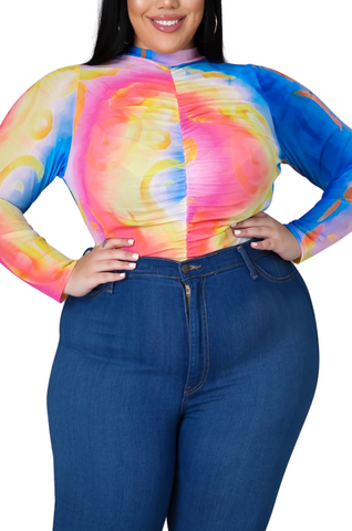 Final Sale Plus Size Mesh Bodysuit with Middle Ruching in Multi-Color Sunrise Print