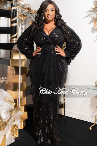 Final Sale Plus Size Balloon Sleeve Deep V Faux Sequin Gown in Black