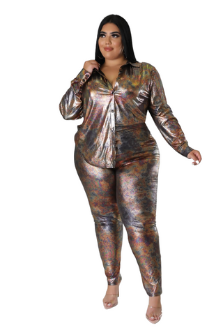 Final Sale Plus Size 2pc Button Up Shirt and Pants Set in Multi Print