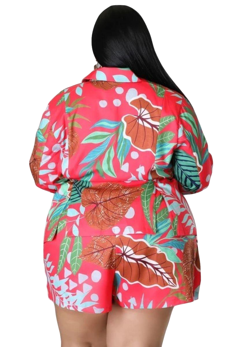 Final Sale Plus Size 2pc Drawstring Blazer and High Waist Shorts in Pink Multi Color Tropical Print