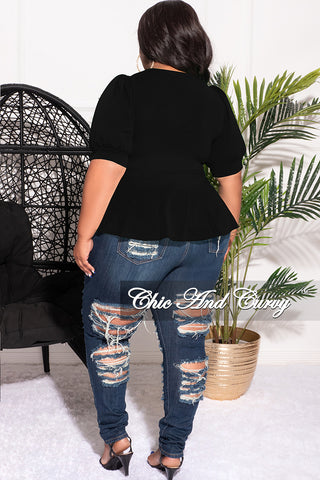 Final Sale Plus Size Techno Crepe  Peplum Top with 3/4 Sleeves in Black