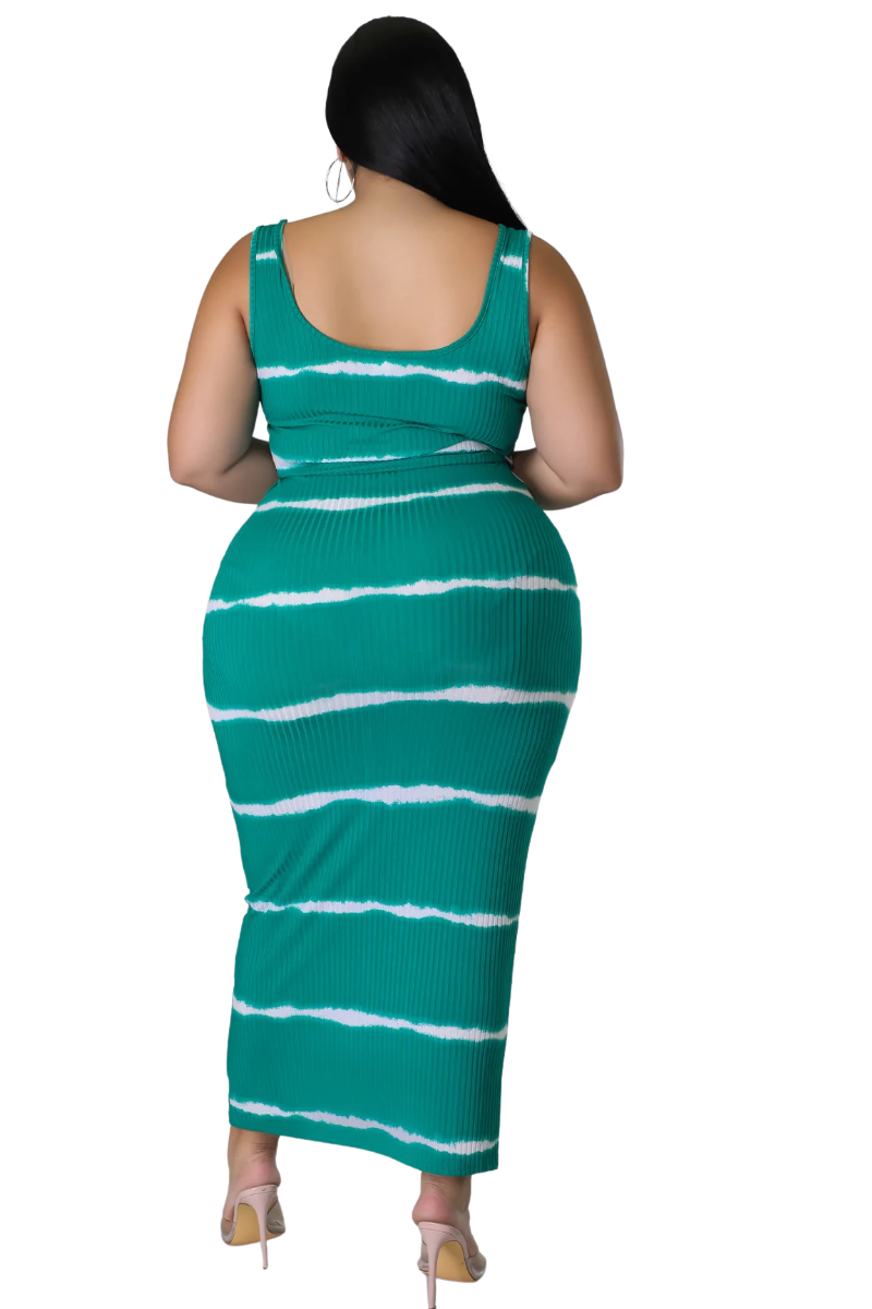 Final Sale Plus Size Ribbed 2pc Crop Drawstring Top and Pencil Skirt Set in Green and White Stripe Print
