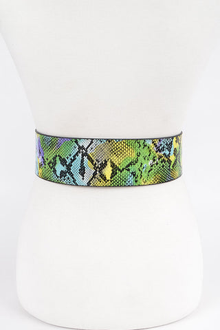 Final Sale Plus Size Snake Print Belt with Gold Buckle in Green, Aqua, Purple & Black