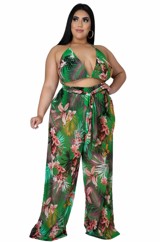 Final Sale Plus Size 3pc Set Mesh Bikini Top, Briefs & Pants in Green Tropical Print