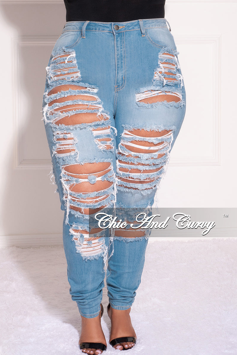 Final Sale Plus Size Distress Jeans in Light Blue
