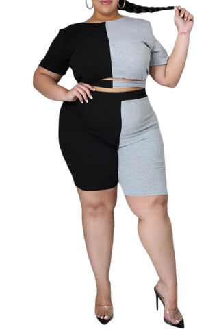 Final Sale Plus Size Half & Half 2pc Set in Black & Grey