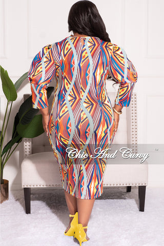 Final Sale Plus Size BodyCon Midi Dress with Puffy Sleeve in Multi-Color Design Print
