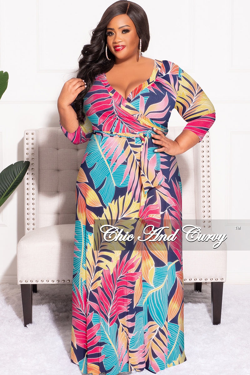 Final Sale Plus Size Deep V Faux Wrap Dress with 3/4 Sleeves in Navy Multi Leaf Print