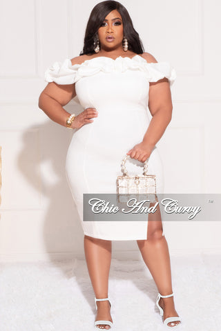 Final Sale Plus Size Off the Shoulder Ruffle BodyCon Dress with Side Slit in Off White