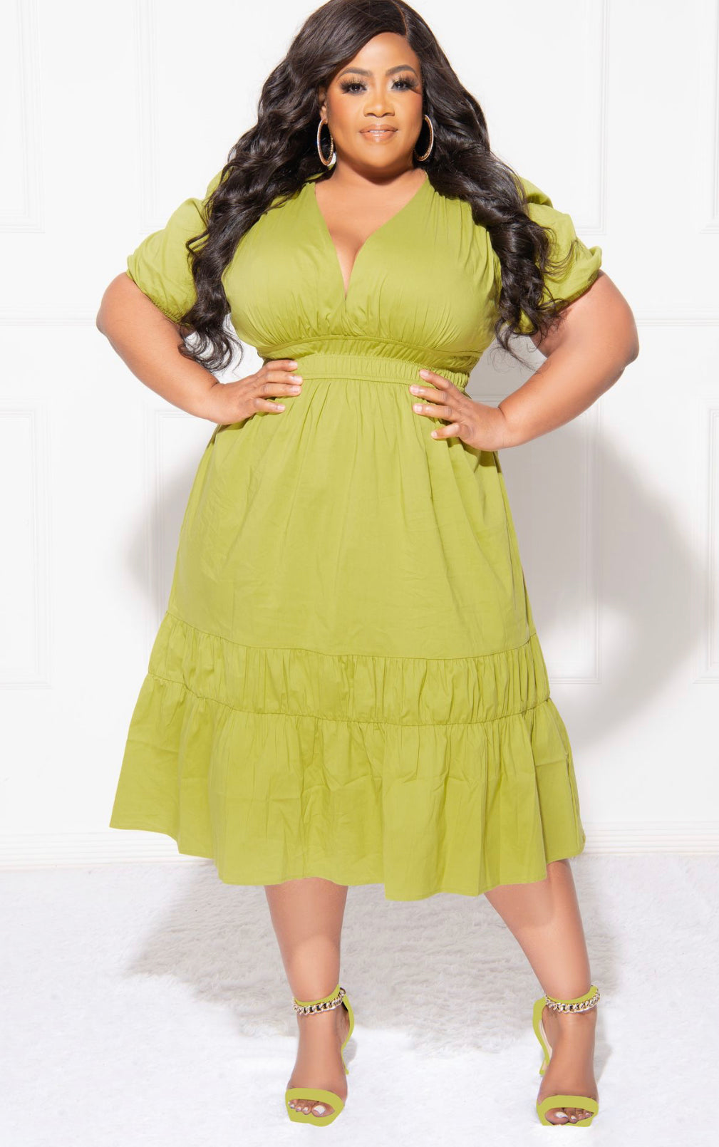 Final Sale Plus Size Faux Wrap Dress with Ruched Sleeves In Kiwi – Chic ...