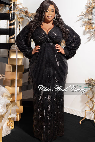 Final Sale Plus Size Balloon Sleeve Deep V Faux Sequin Gown in Black