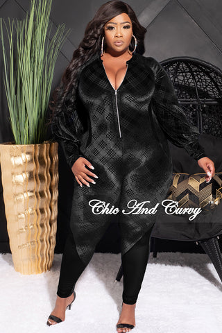 Final Sale Plus Size Velvet Mesh Contrast Zip-Up Jumpsuit in Black