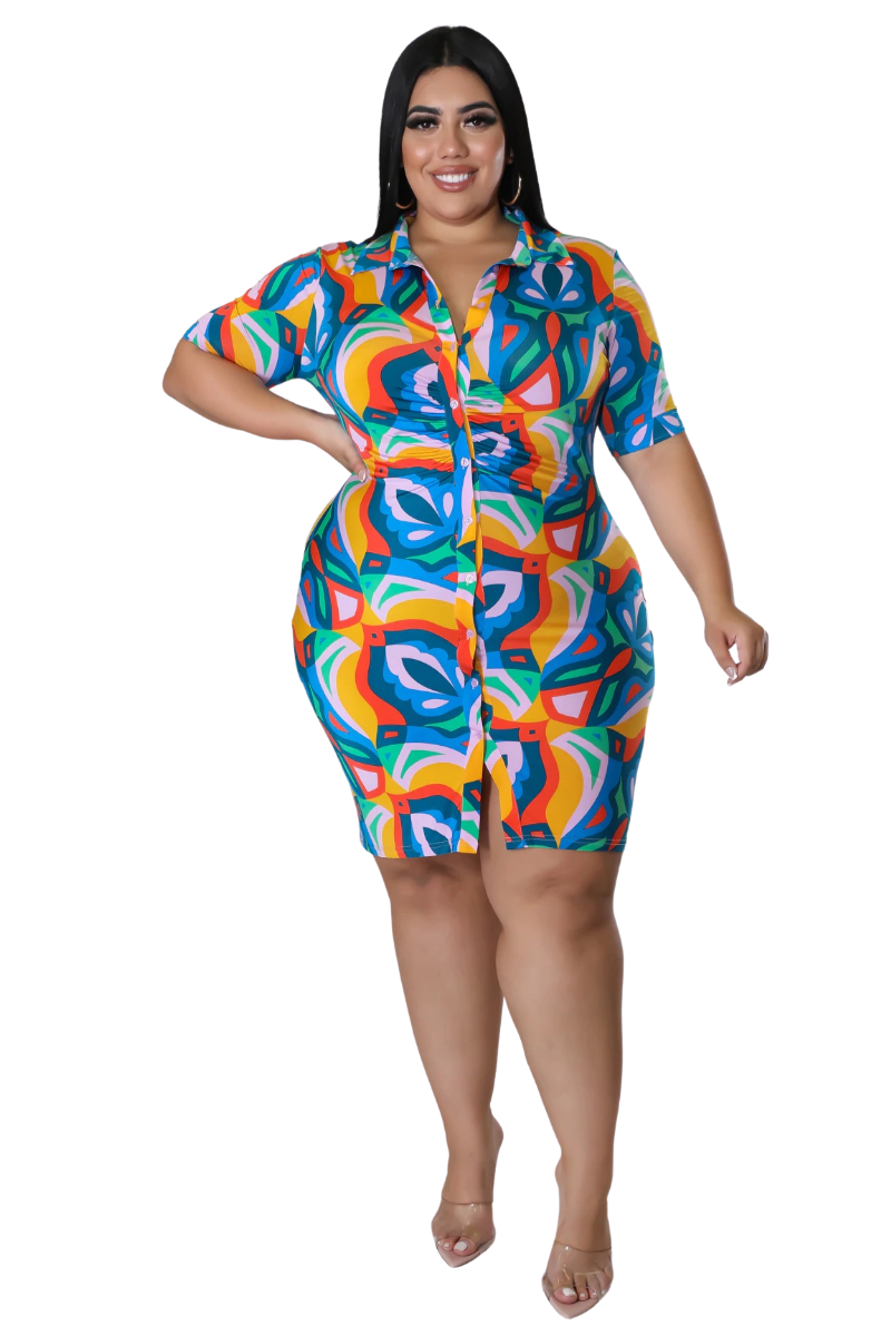 Final Sale Collar Button Up Bodycon Dress in Psychedelic Print
