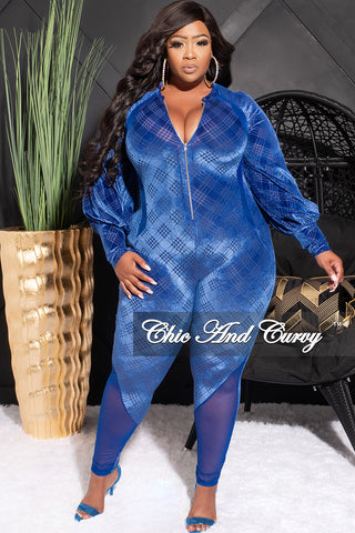 Final Sale Plus Size Velvet Mesh Contrast Zip-Up Jumpsuit in Royal Blue