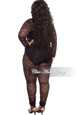 Final Sale Plus Size Long Sleeve Faux Wrap Jumpsuit with Attached Tie in Black Lace