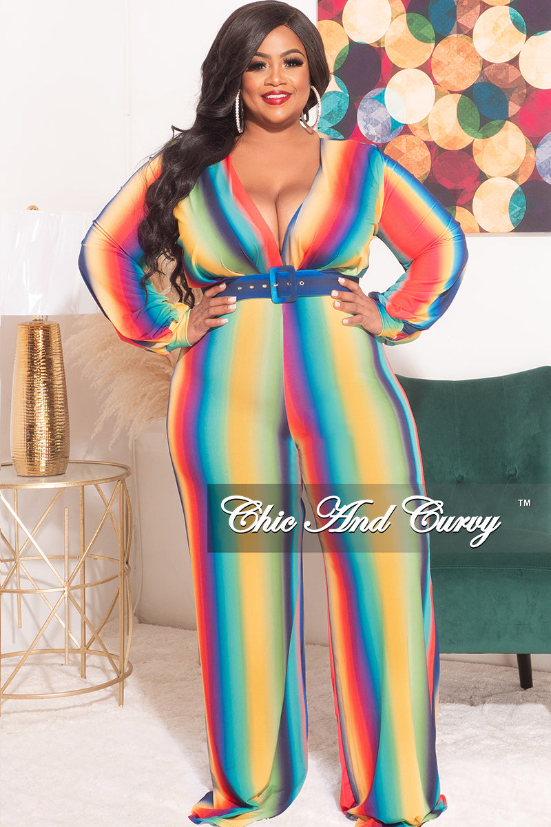 Final Sale Plus Size Long Sleeve Deep V Belted Wide Leg Jumpsuit