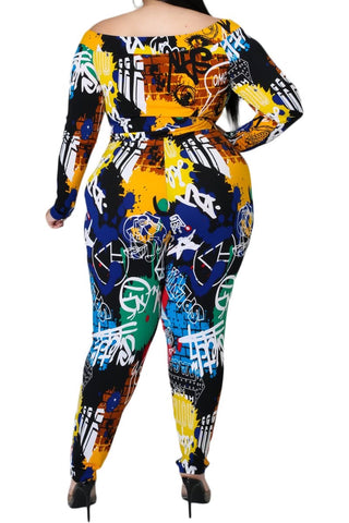Final Sale Plus Size Off the Shoulder Jumpsuit in Black Multi-Color Graffiti Print