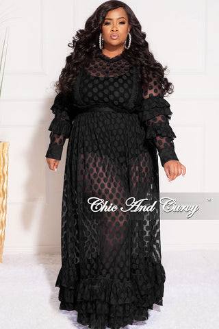 Final Sale Plus Size Polka Dot Sheer Maxi Dress with Ruffle Sleeves and Bottom in Black
