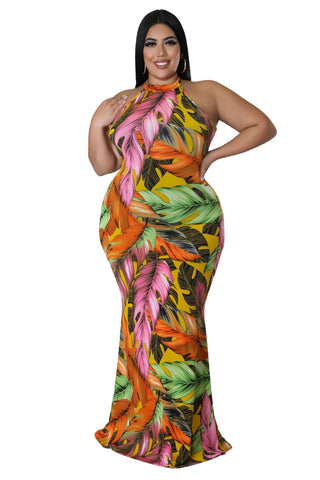 Final Sale Plus Size Halter Neck Sleeveless Mermaid Dress in Yellow / Orange