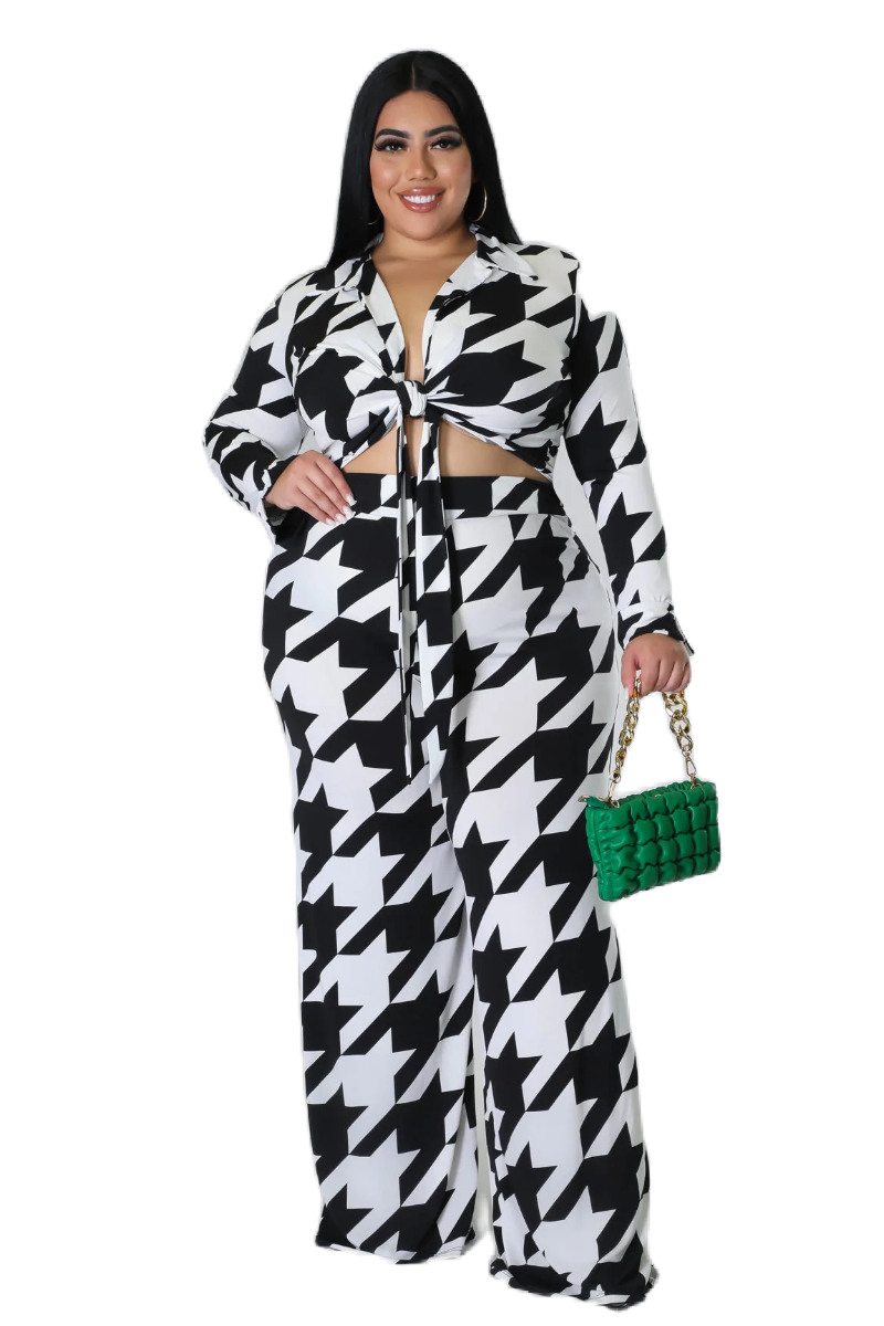 Final Sale Plus Size 2pc Collar Crop Faux Wrap Tie Top and Pants Set in Black & Off White Houndstooth Print