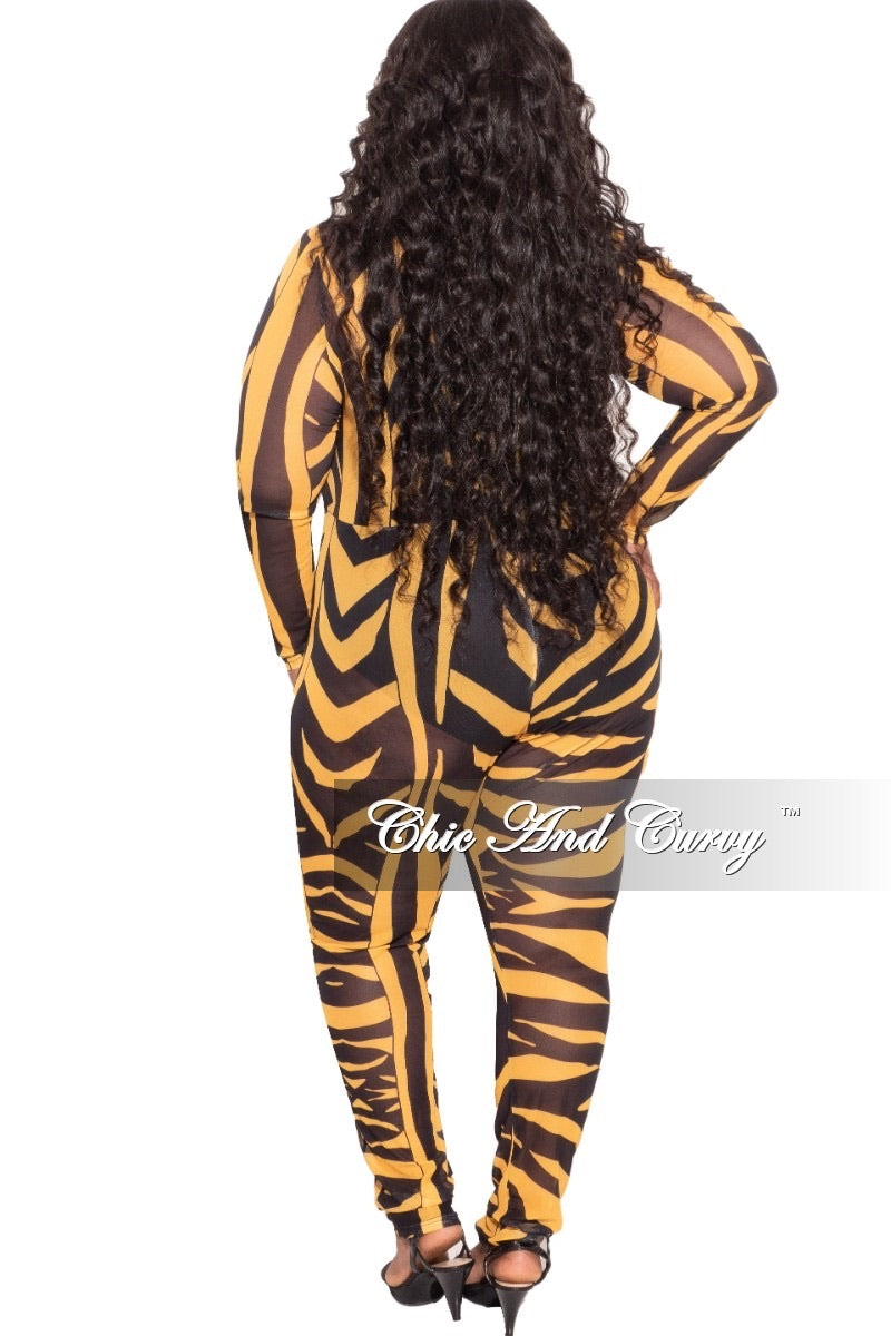 Final Sale Plus Size See Through Mesh Jumpsuit in Black and Mustard Zebra Print