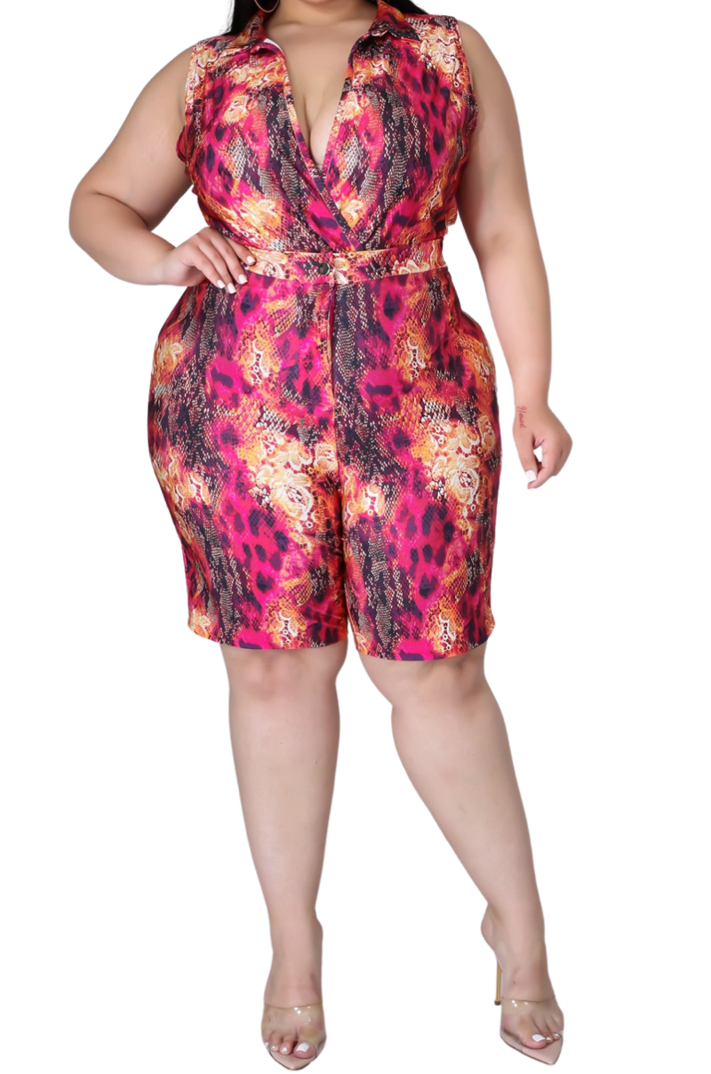 Final Sale Plus Size 2pc Faux Wrap Bodysuit & Bermuda Short Set in Fuchsia Snake Print