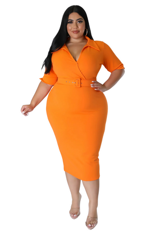 Final Sale Plus Size Collar Faux Wrap Belted BodyCon Dress in Orange
