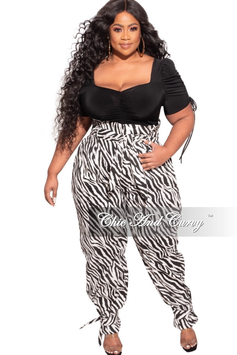 Final Sale Plus Size Paperbag Jogger Pants with Attached Tie in  Black / White Zebra Print