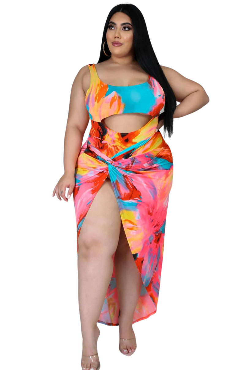 Final Sale Plus Size 2-Piece Set Poolside Playsuit with Cutout Front Bodysuit & High Split Skirt in Coral Floral Multi Color Print